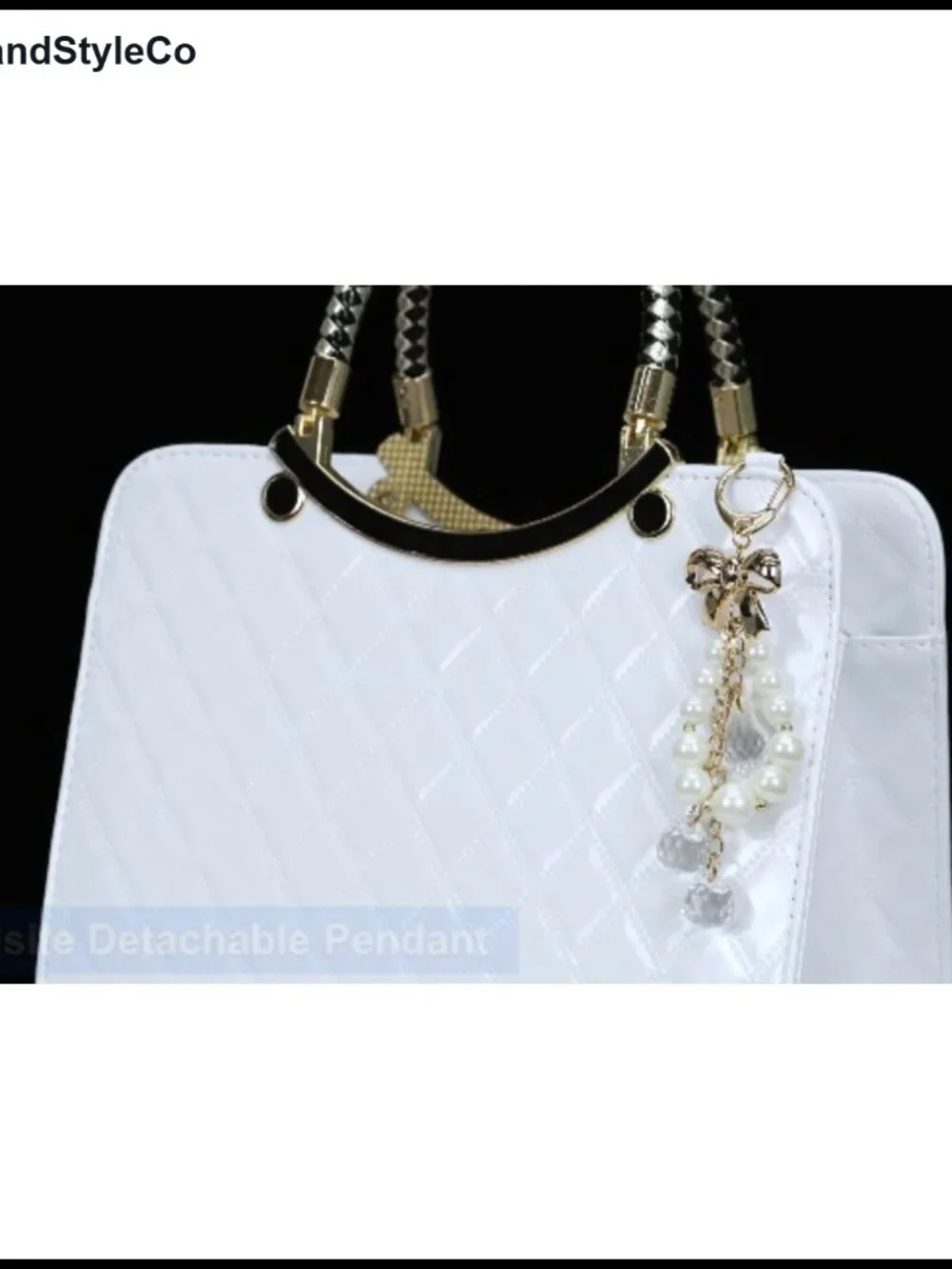 Women's Faux Leather Patent Satchel Handbag with Pearl Charm - Crossbody